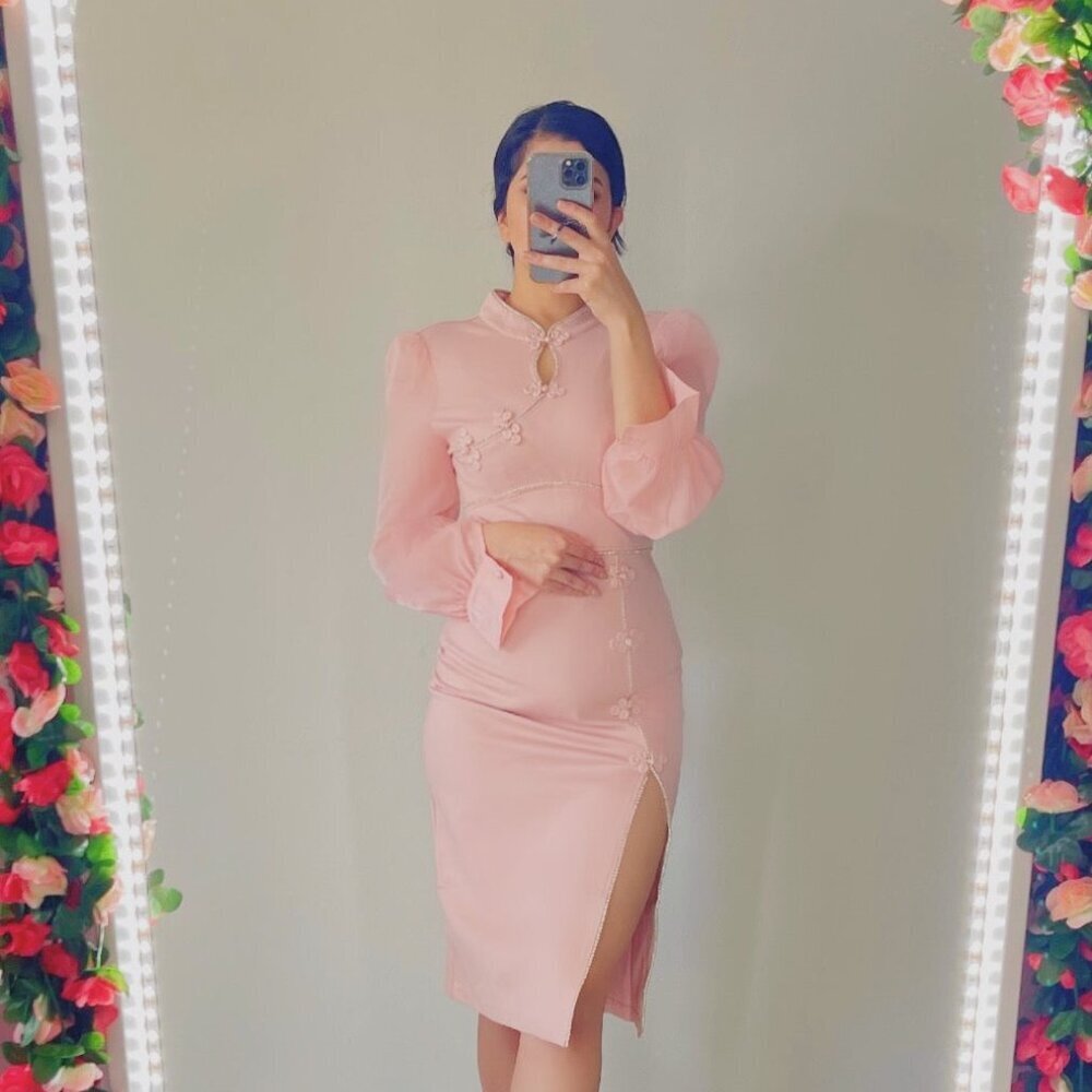 Pink Side Slit Midi Spring Dress with flowers